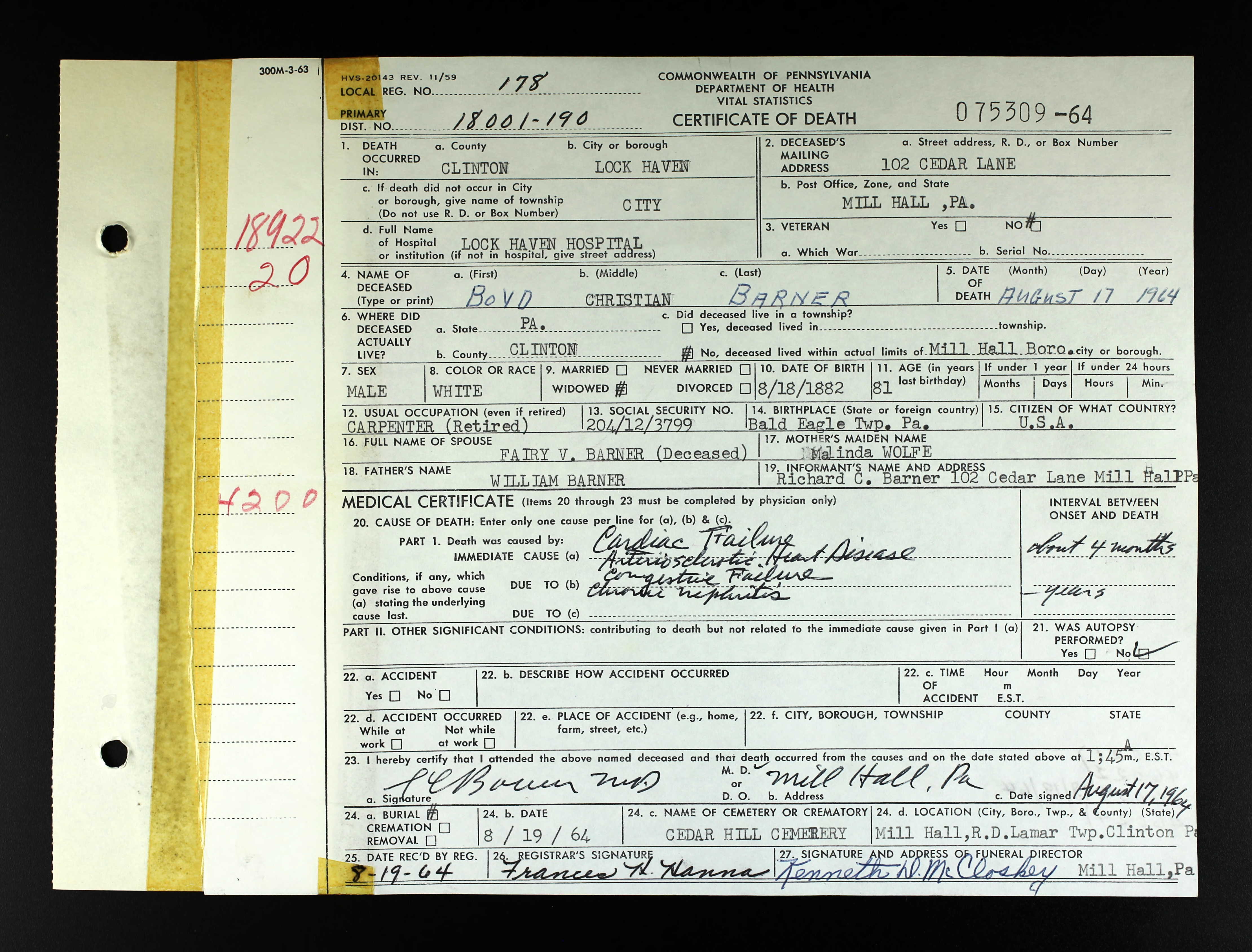 Boyd Christian Barner death certificate