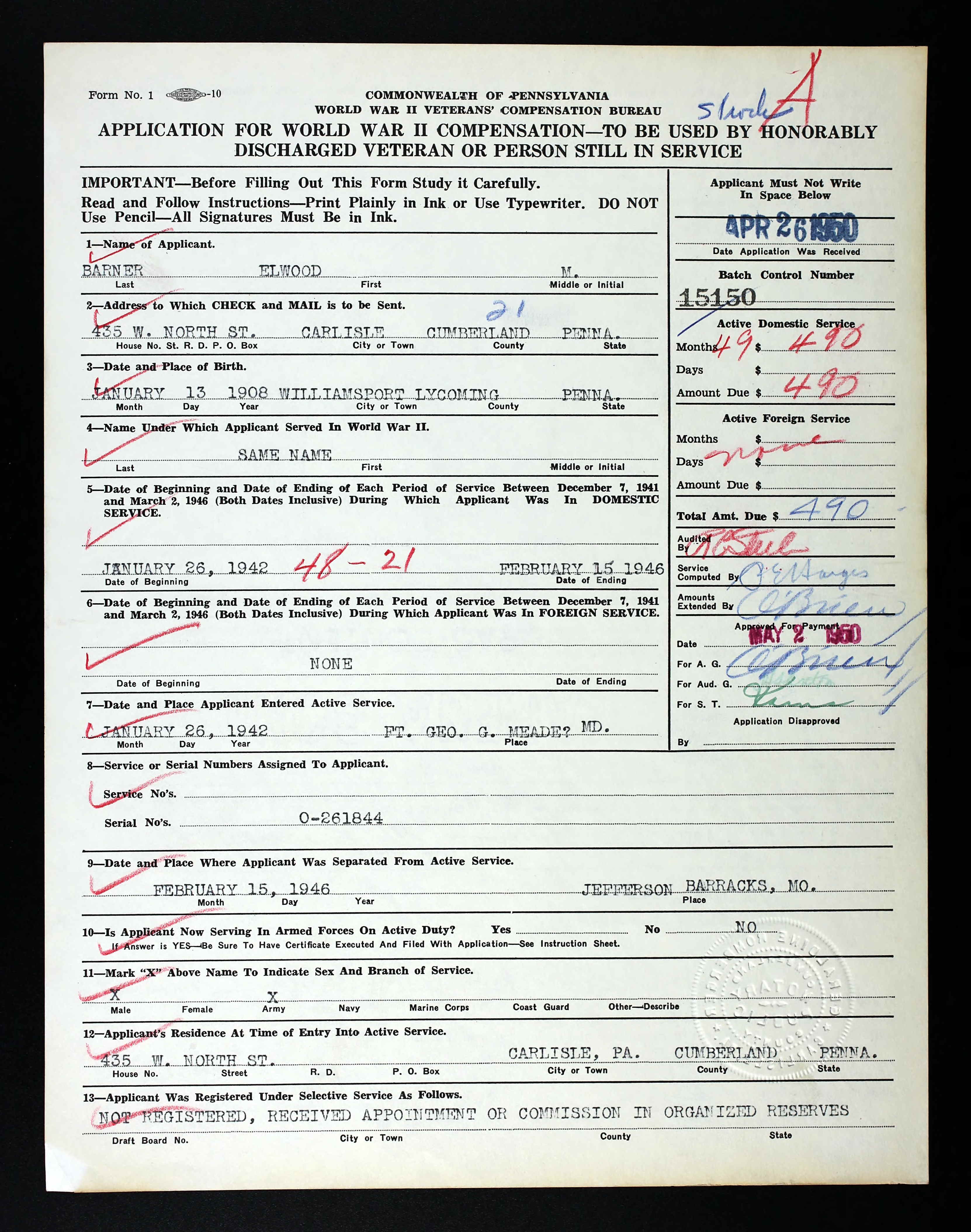 Elwood M. Barner, Pennsylvania, Veteran Compensation Application Files, WWII