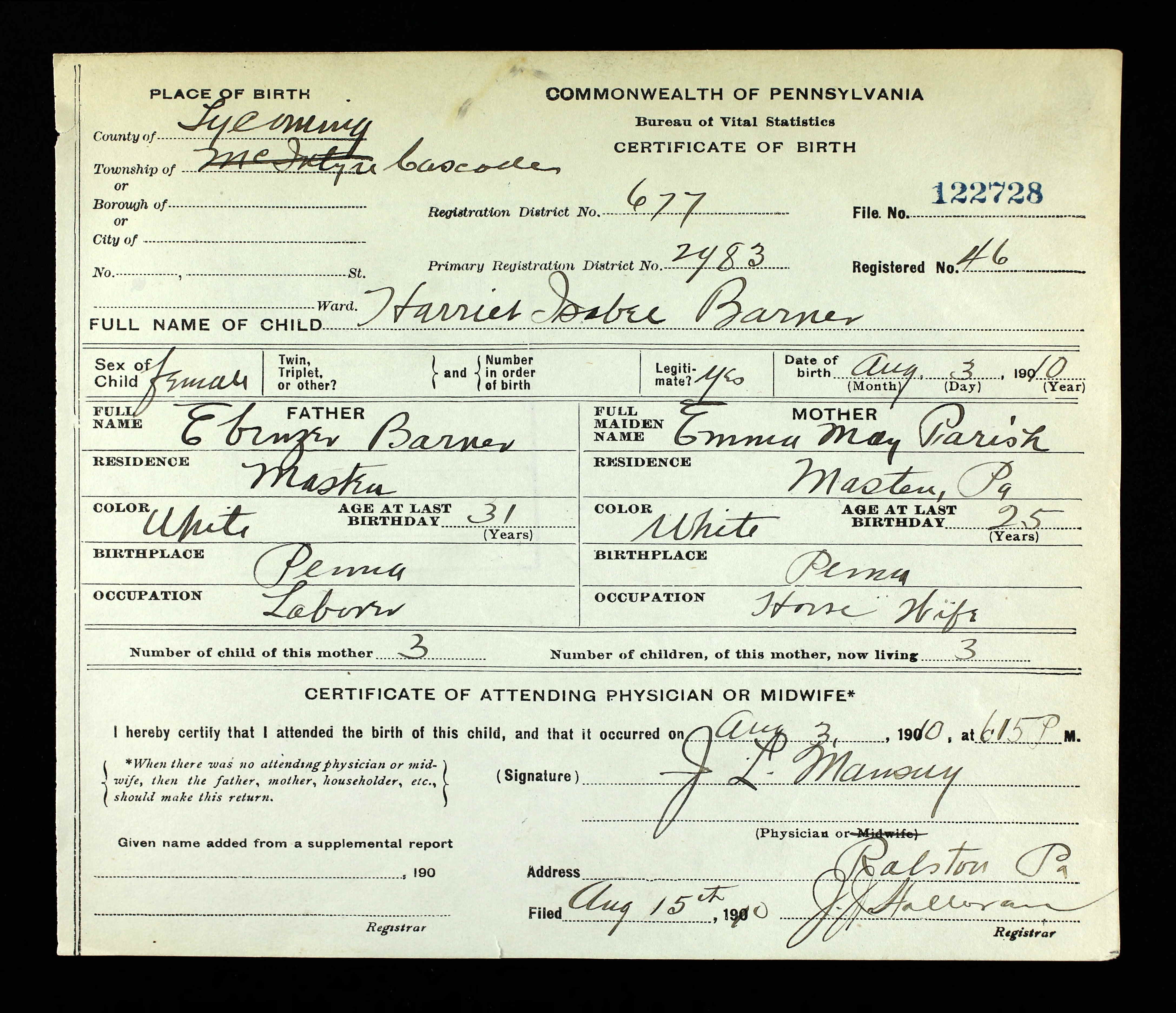 Harriet Isabel Barner, Birth Certificates, 1906-1911
