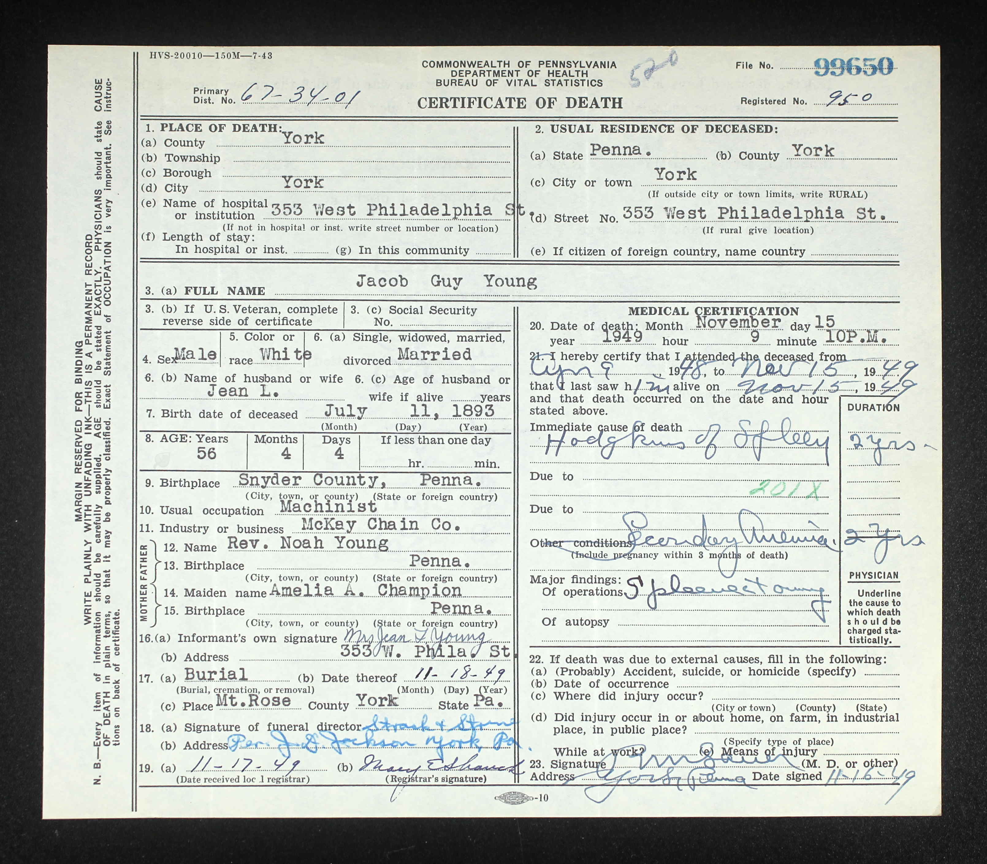 Jacob Guy Young, Death Certificate