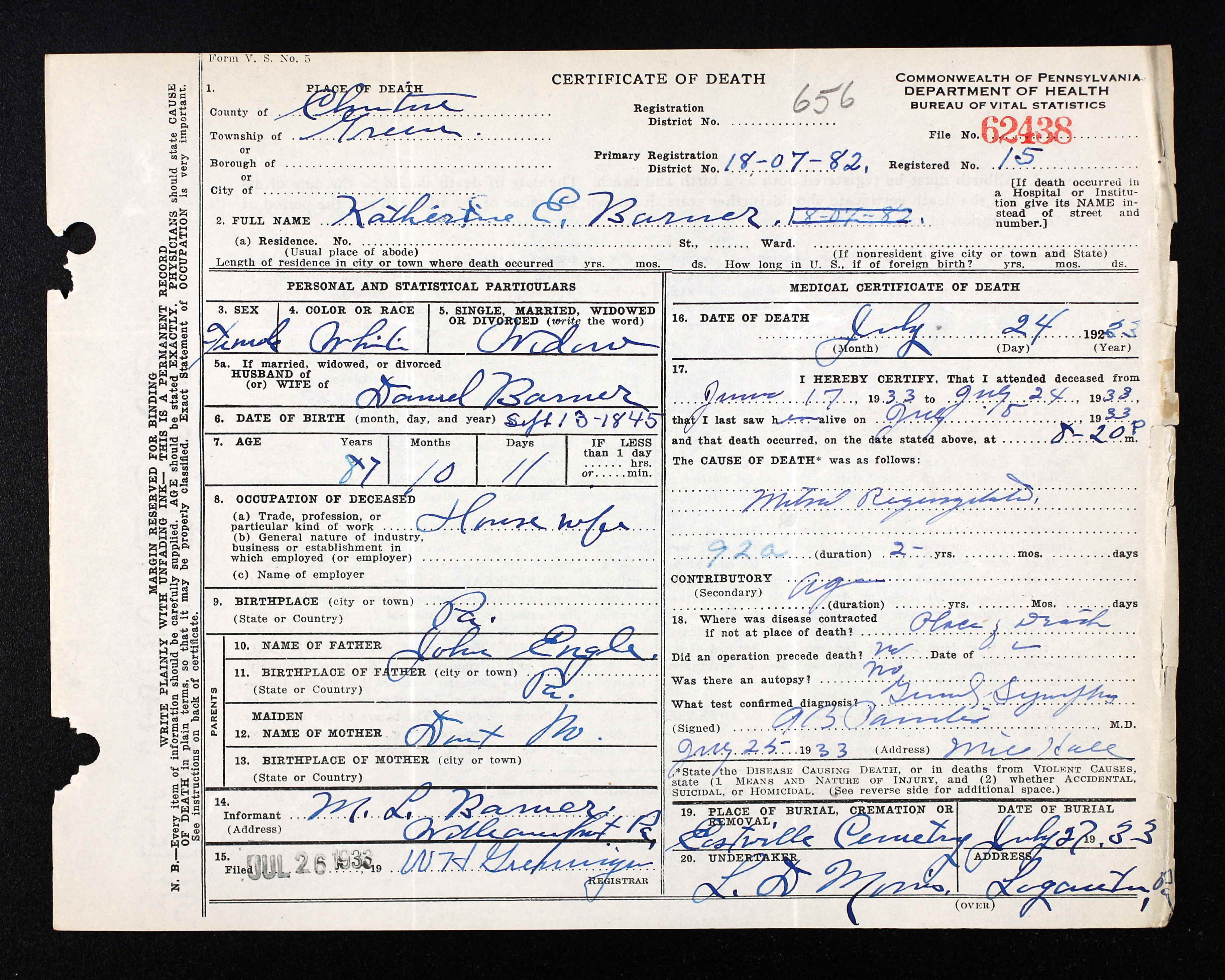 Katherine E. Engle, Pennsylvania, Death Certificates