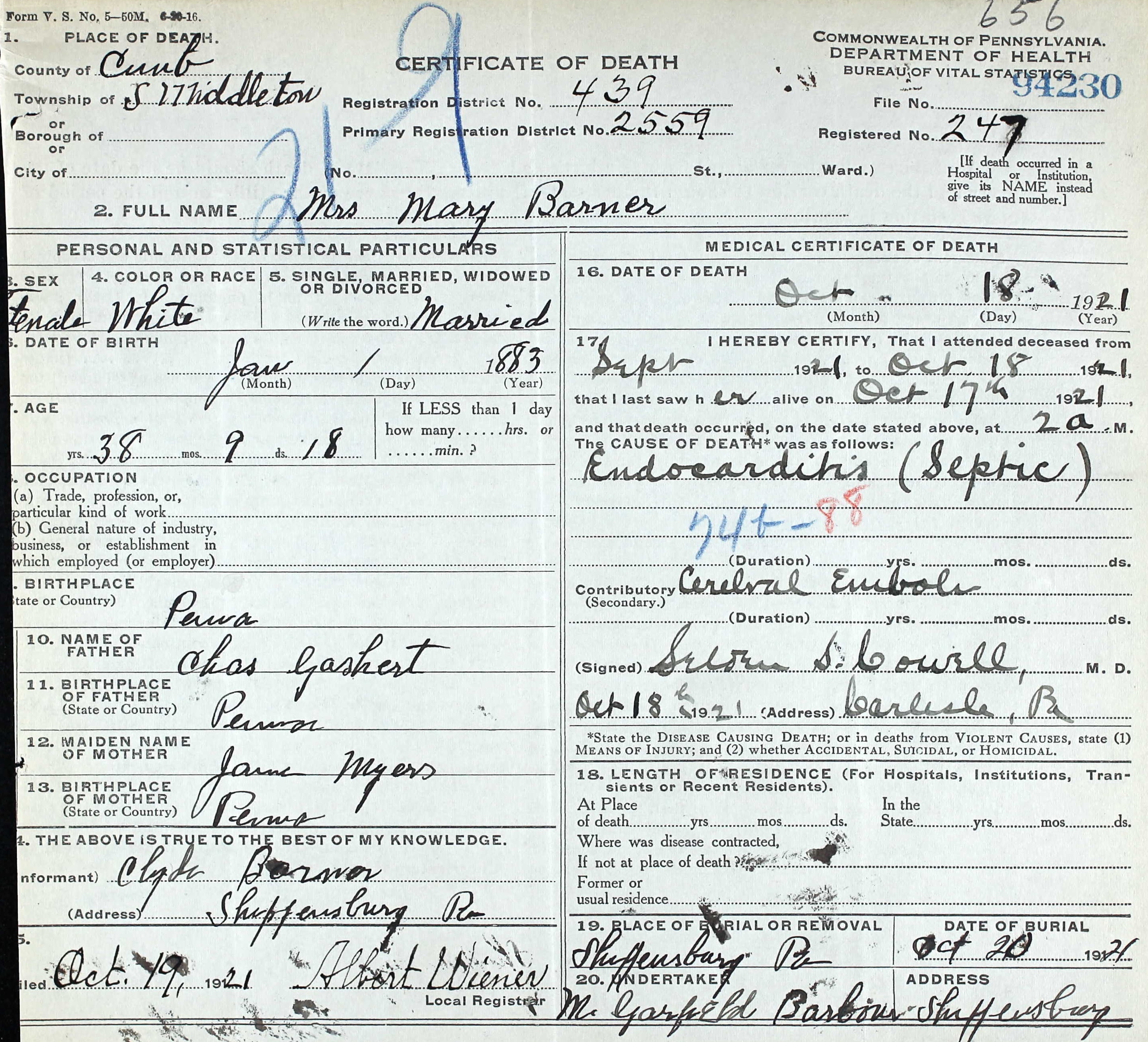 Mary Gashert Barner death certificate