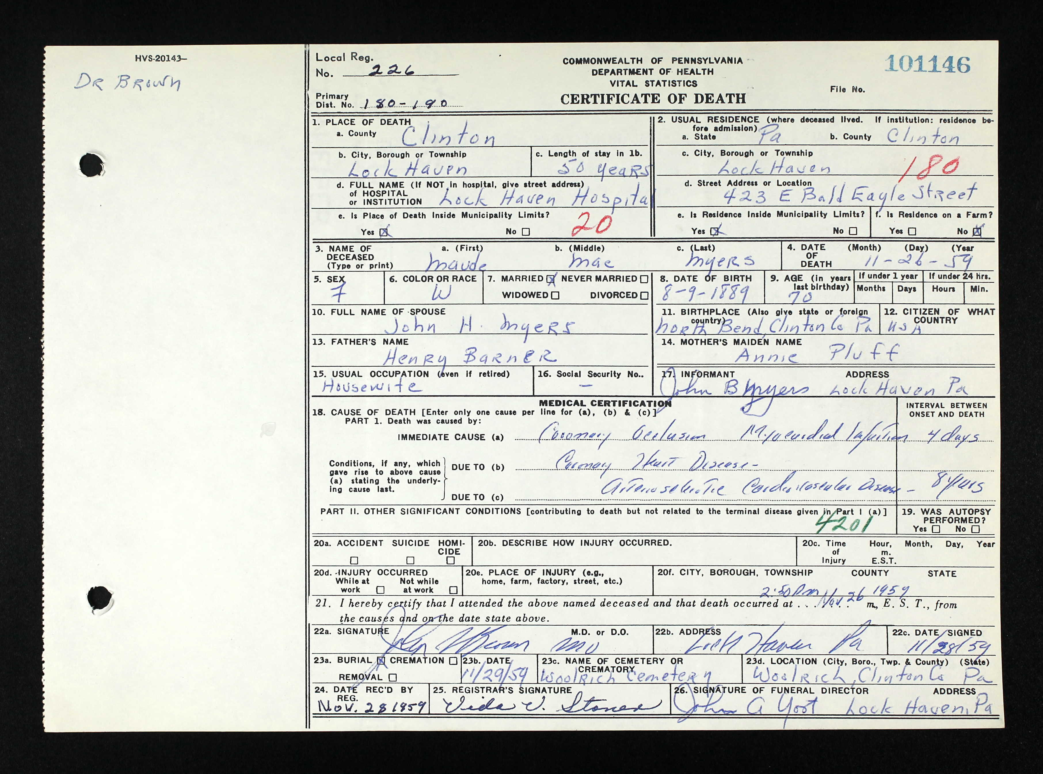 Maude Mae Barner Myers death certificate