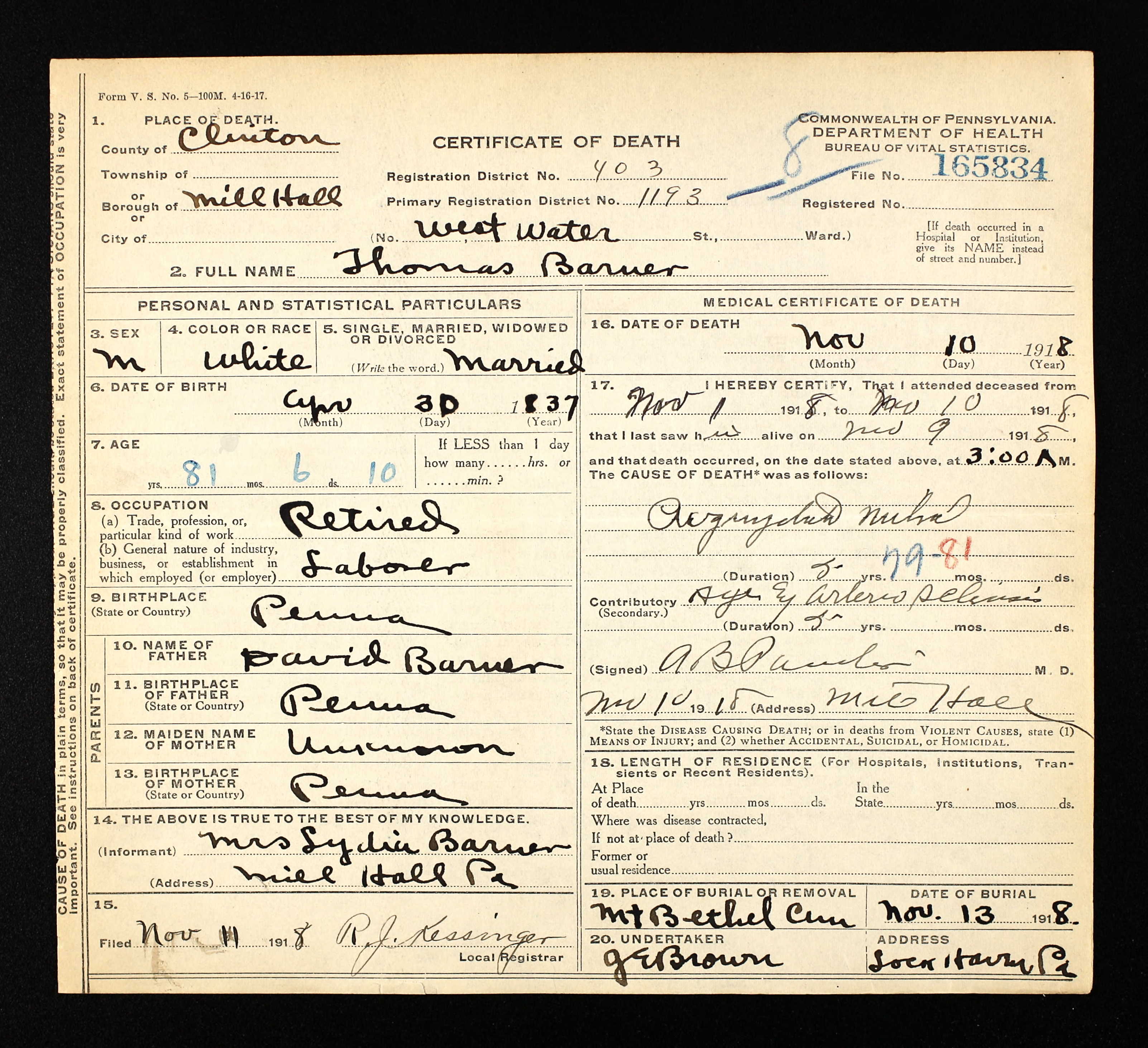 Thomas Barner death certificate
