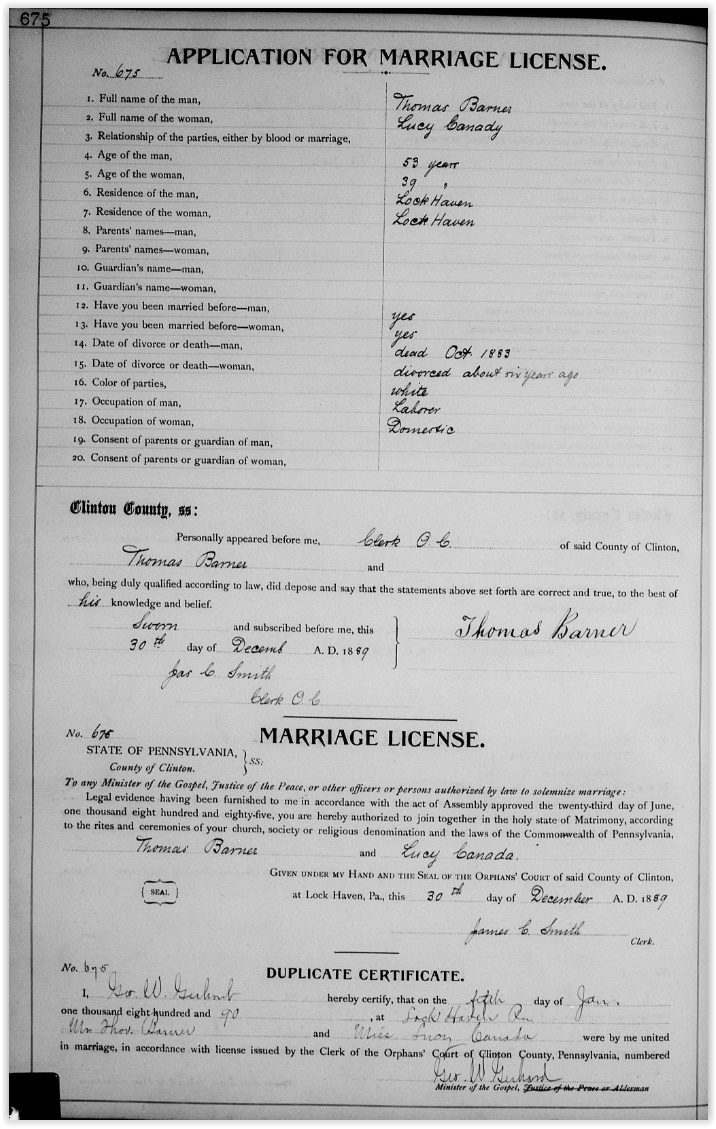 Thomas Barner marriage application