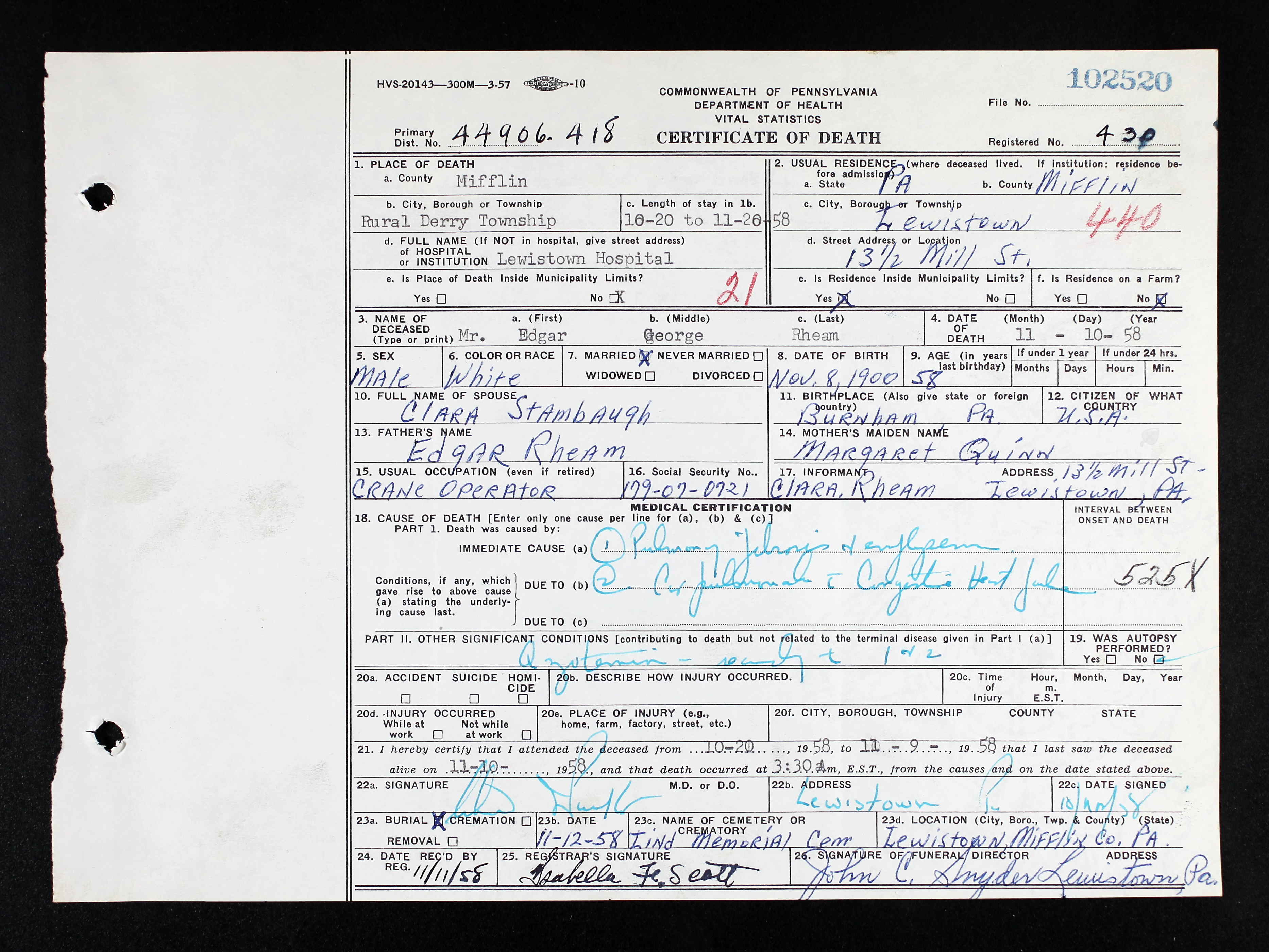 Edgar George Rheam, Pennsylvania, Death Certificates, 1906-1966(12).jpg